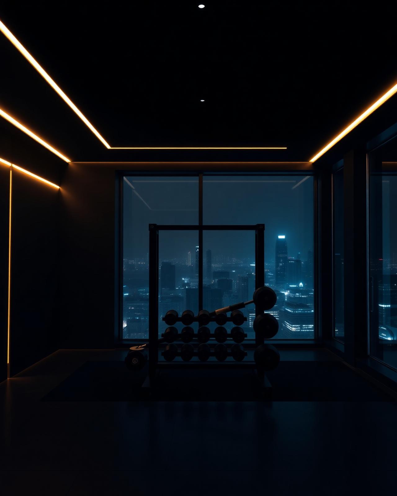 A luxury matte black home gym at night with brushed gold accents