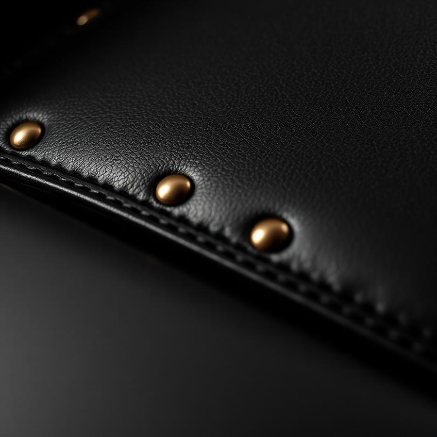 Close-up of premium black leather hand-stitched with brushed gold rivets